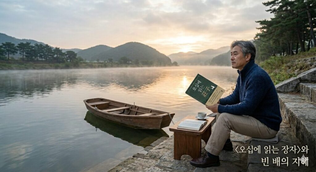 고요한 새벽 강가에서 김범준 저자의 도서 '오십에 읽는 장자' 책을 들고 사색에 잠긴 50대 중년 남성과 물 위에 떠 있는 빈 배의 모습
