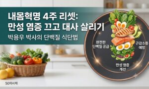 50의서재 블로그의 내몸혁명 4주 리셋 단백질 식단법 썸네일 이미지. 박용우 박사의 만성 염증 개선 및 근감소증 예방을 위한 고기 단백질, 채소, 달걀 식단 레이아웃 디자인