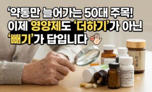 돋보기를 들고 알약과 영양제 병들을 살펴보고 있는 모습 위에 '약통만 늘어가는 50대 주목! 이제 영양제도 더하기가 아닌 빼기가 답입니다'라는 문구가 적힌 50의서재 블로그 썸네일 이미지.