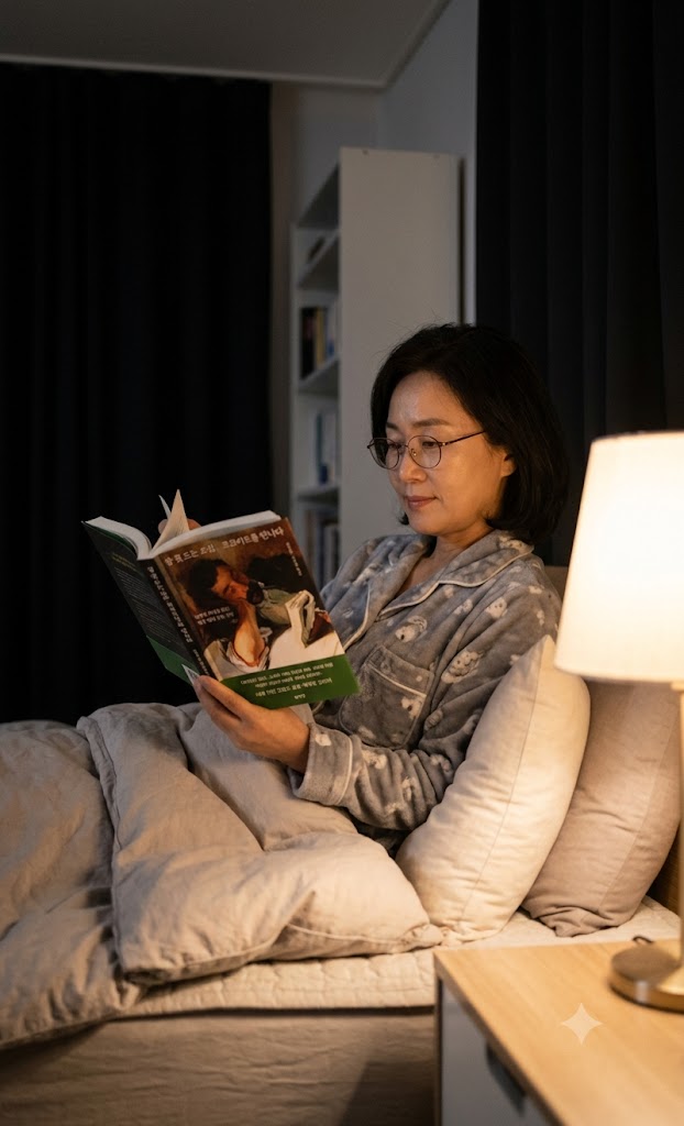 침대에서 은은한 조명을 켜고 잠들기 전 '잠 못 드는 오십, 프로이트를 만나다' 책을 읽고 있는 50대 중년 여성의 모습