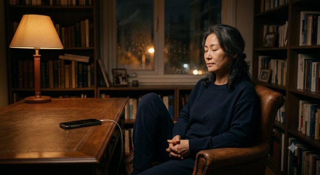 50대 눈 피로와 노안 예방, 눈을 감고 듣는 '소리 독서법' 효과 3 세상의 소란함을 뒤로하고 스마트폰을 내려놓은 채, 아늑한 서재에서 마음의 평온을 찾고 있는 여성