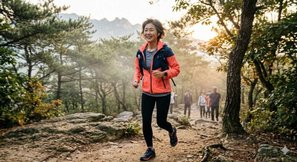 건강하고 활기찬 라이프스타일을 즐기는 액티브 시니어 중년 여성이 아름다운 산길에서 활짝 웃으며 트레일 러닝을 하는 역동적인 모습. 주황색 바람막이와 스포츠 시계가 활동성을 강조함