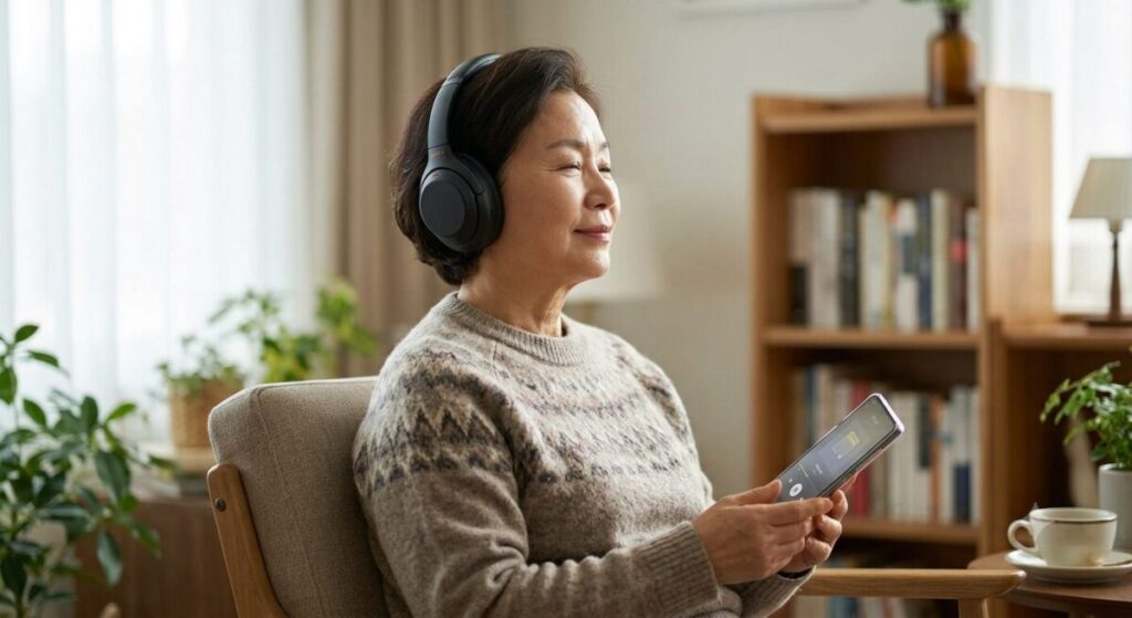 50대 눈 피로와 노안 예방, 눈을 감고 듣는 '소리 독서법' 효과 1 편안한 거실 의자에 앉아 헤드폰을 쓰고 스마트폰의 오디오북 앱을 활용해 소리독서를 즐기고 있는 중년 여성의 모습. 눈을 감고 편안한 표정으로 귀를 기울이고 있으며, 배경에는 책장과 화분이 보입니다.