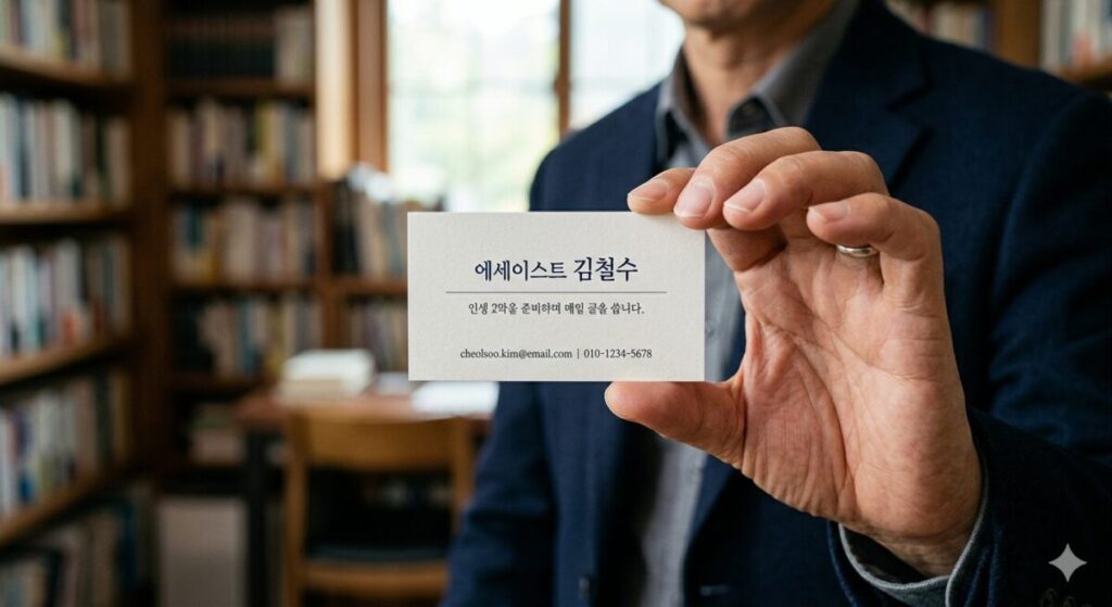 은퇴 후 새로운 인생 2막을 맞이한 50대 남성이 카메라를 향해 자신의 퍼스널 명함을 건네는 모습. 흰색 명함에는 '에세이스트 김철수'라는 이름과 '인생 2막을 준비하며 매일 글을 씁니다.'라는 슬로건이 적혀 있다. 배경은 따뜻한 느낌의 책장