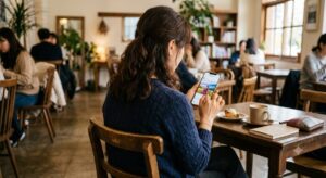 다른 사람들의 인스타그램을 보며 하트를 누르며 추앙하는 50대 여성의 뒷모습