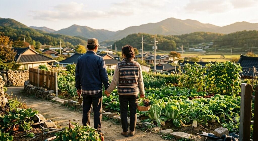 해질녘 시골 마을 텃밭 앞에 손을 잡고 서 있는 한국인 중년 부부의 뒷모습. 따뜻한 빛이 감도는 농촌 풍경