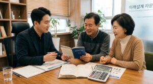 따뜻하고 전문적인 분위기의 상담실에서 은퇴 설계를 받고 있는 중년 부부와 금융 상담사. 테이블 위에는 국민연금 수첩, 계산기, 은퇴 자금 분석 차트 보고서가 놓여 있습니다.