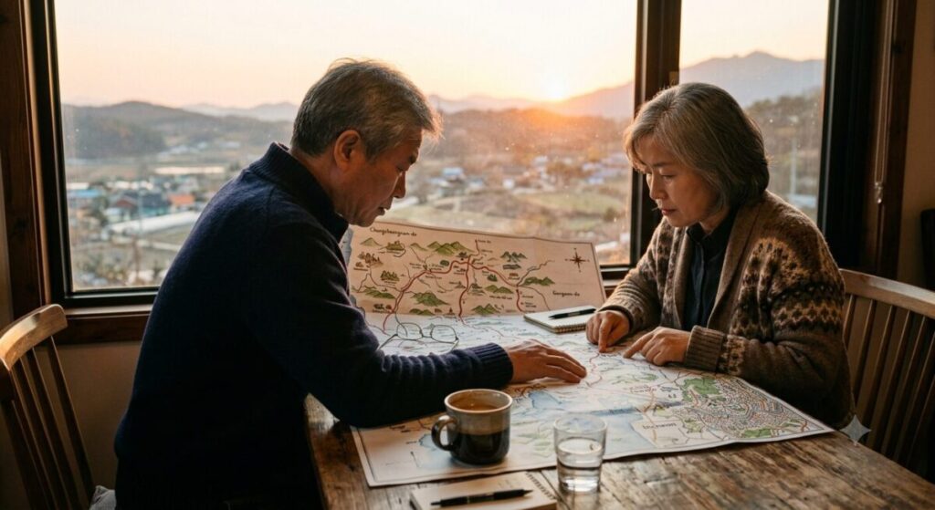 창밖으로 산과 마을이 보이는 따뜻한 노을빛 아래, 나무 테이블 위 커피잔과 안경 옆에 지도를 펼쳐둔 채 앞날을 구상하는 평온한 표정의 중년 남녀