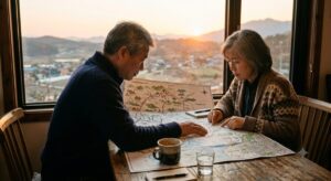 창밖으로 산과 마을이 보이는 따뜻한 노을빛 아래, 나무 테이블 위 커피잔과 안경 옆에 지도를 펼쳐둔 채 앞날을 구상하는 평온한 표정의 중년 남녀