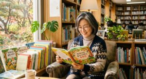 따뜻한 햇살이 드는 도서관에서 안경을 쓰고 동화책을 읽으며 미소 짓는 50대 여성