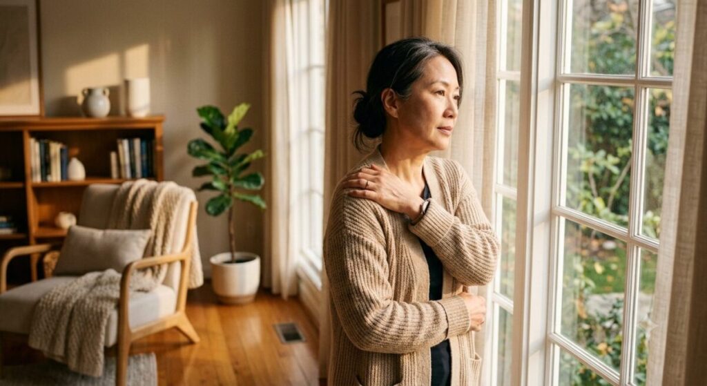 따뜻한 거실 창가에서 중년 여성이 왼쪽 어깨를 오른손으로 감싸 쥐고 불편한 표정으로 창밖을 바라보고 있습니다.