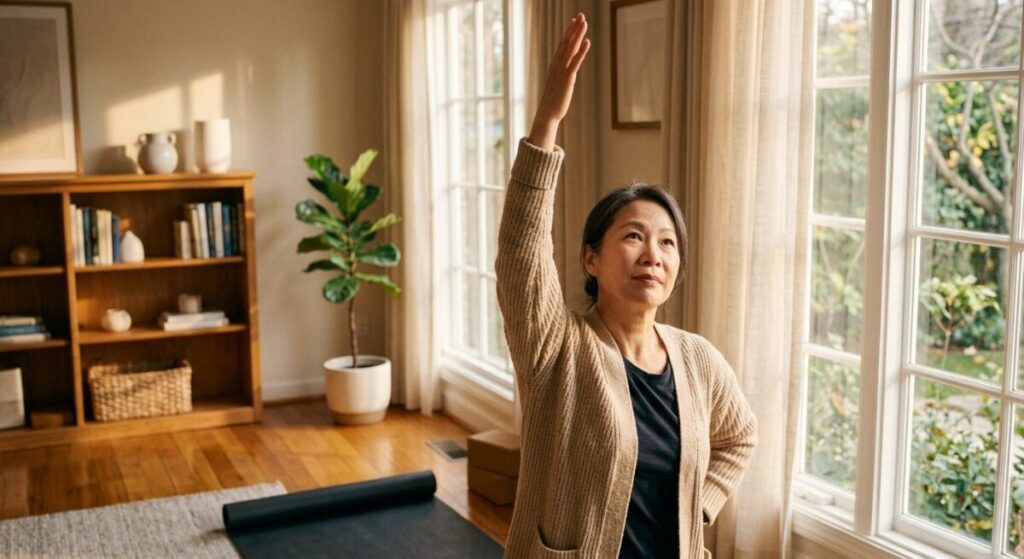 햇살이 드는 거실에서 중년 여성이 요가 매트 위에 서서 오른팔을 위로 뻗으며 스트레칭을 하고 있습니다.